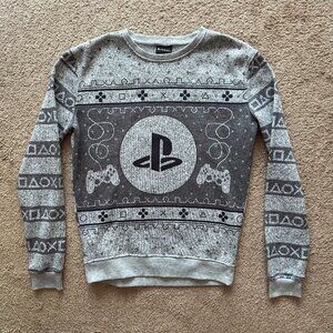 Playstation Sweater Mens Small Crewneck Long Sleeve Grey Pullover Fair Isle